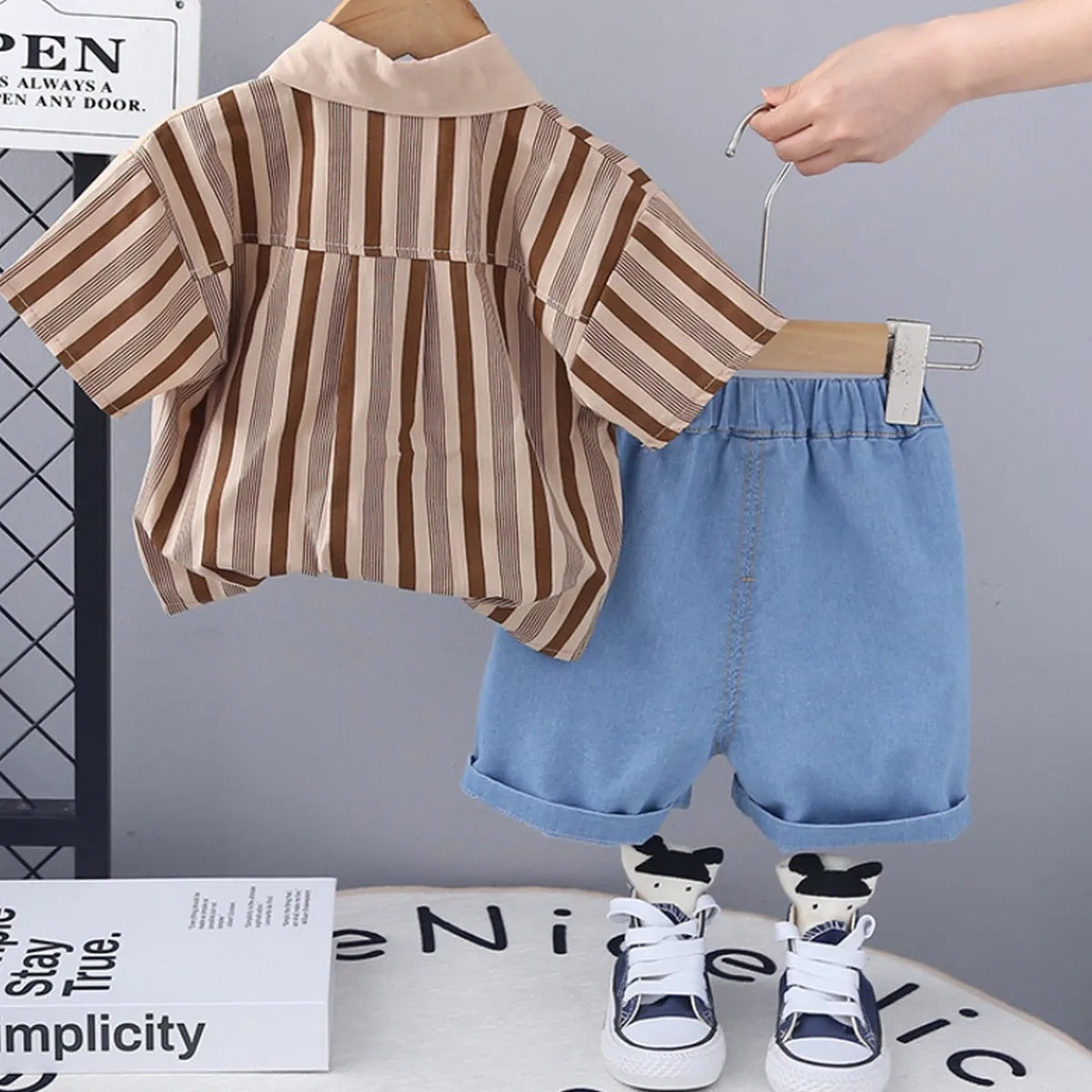 Boys' Vintage Striped Shirt & Denim Shorts Set